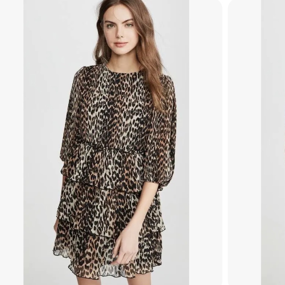 NWOT GANNI pleated georgette ruffle dress leopard size 4